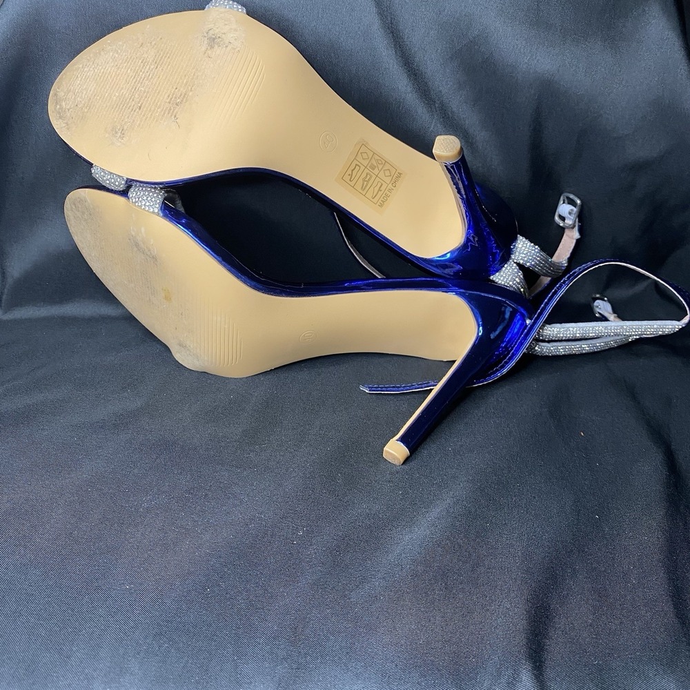 Metallic Blue Patent Rhinestone Cross Strap Stiletto Sandal Heels Sz 9 - Picture 8 of 9